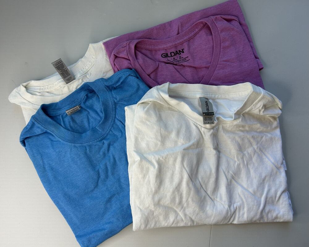 Lot of 4 Gildan Solid T-Shirts - White Blue Purple - Size L - New No Tags